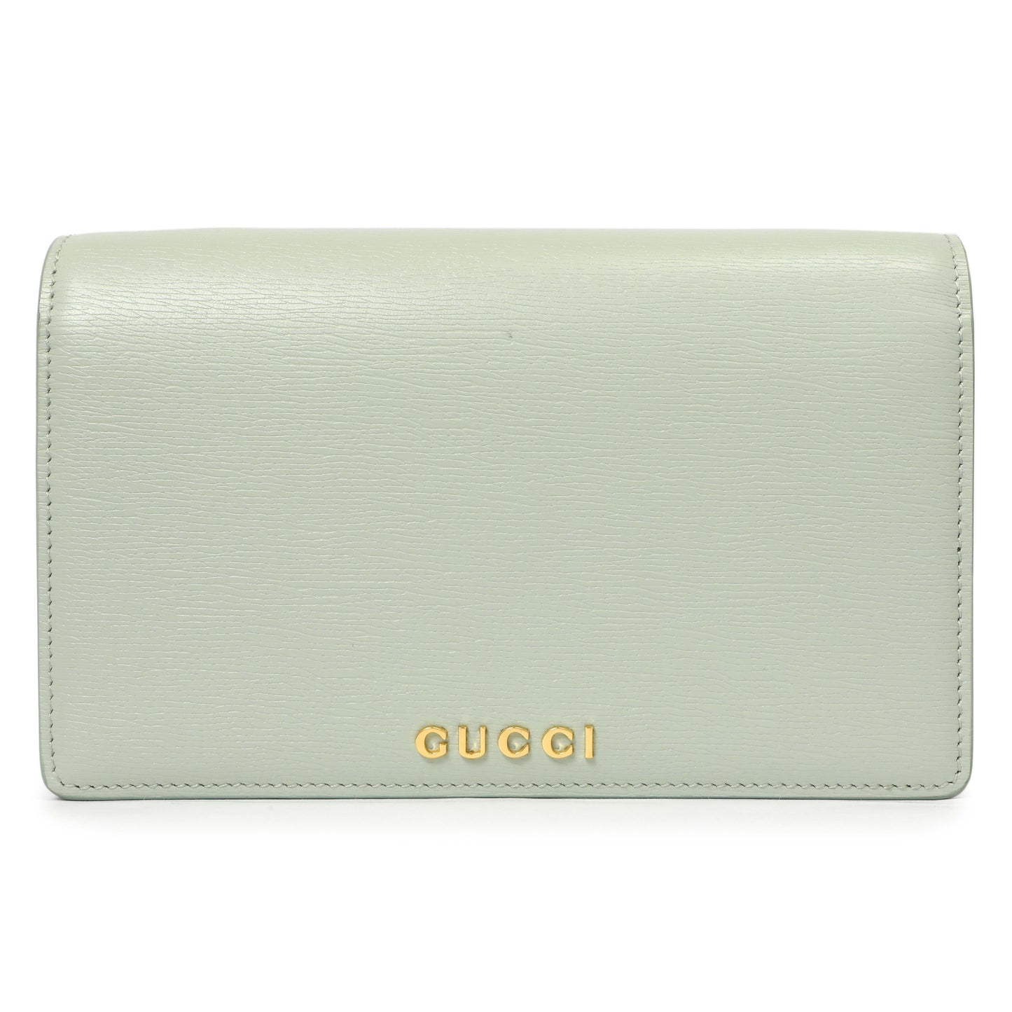 Exclusive Gucci Pale Green Textured Calfskin Script Logo Chain Wallet — Side View
