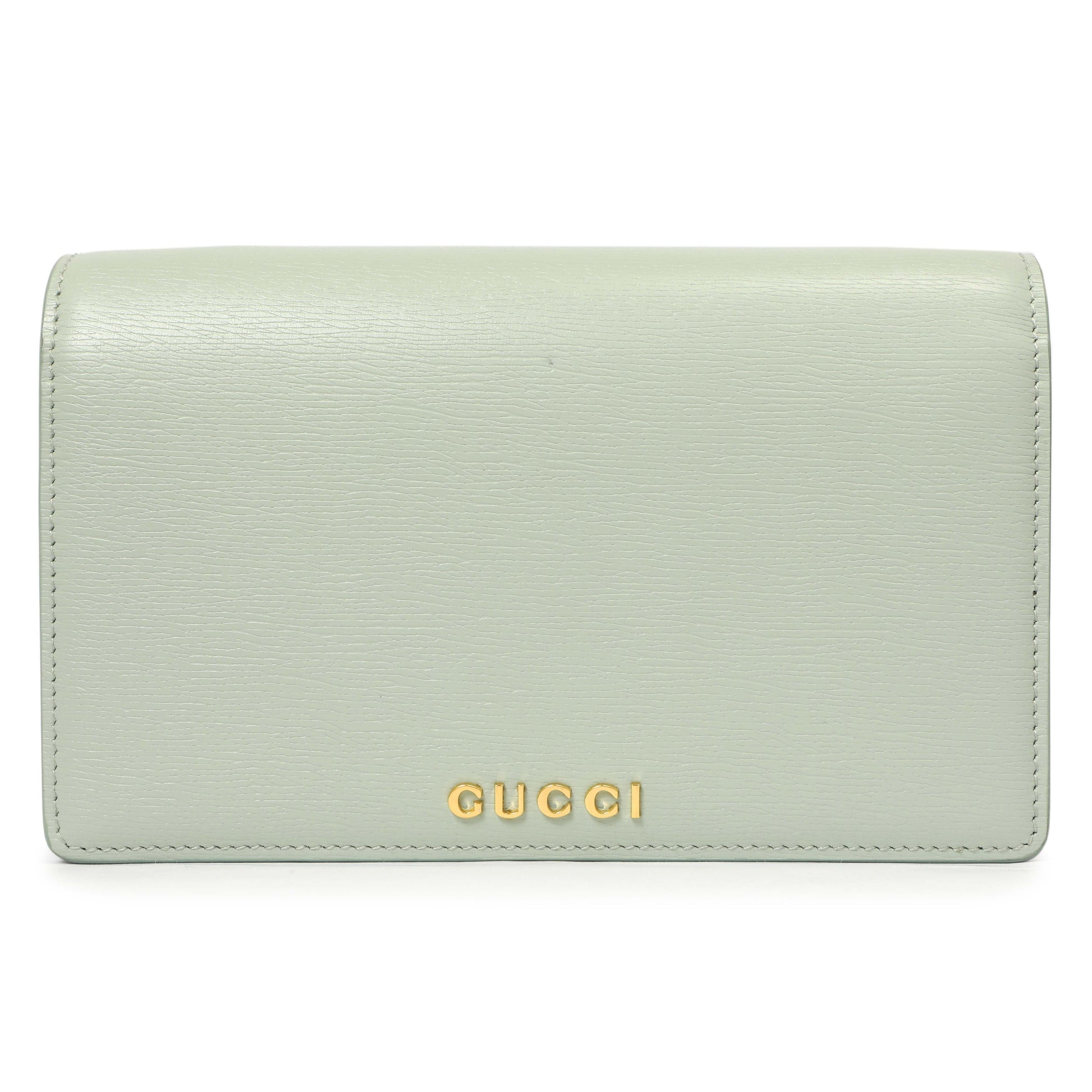 Exclusive Gucci Pale Green Textured Calfskin Script Logo Chain Wallet — Side View