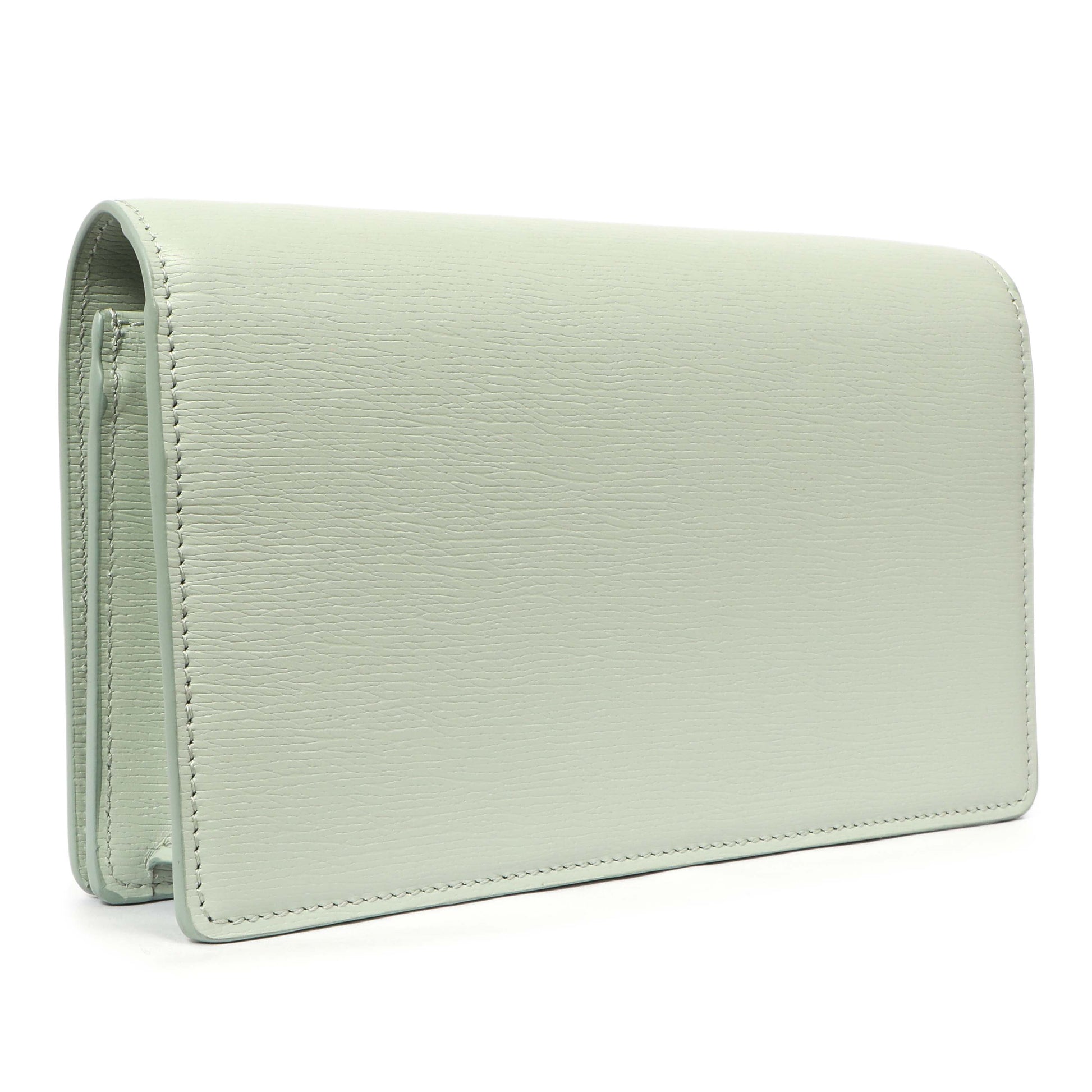 Exclusive Gucci Pale Green Textured Calfskin Script Logo Chain Wallet — Back View