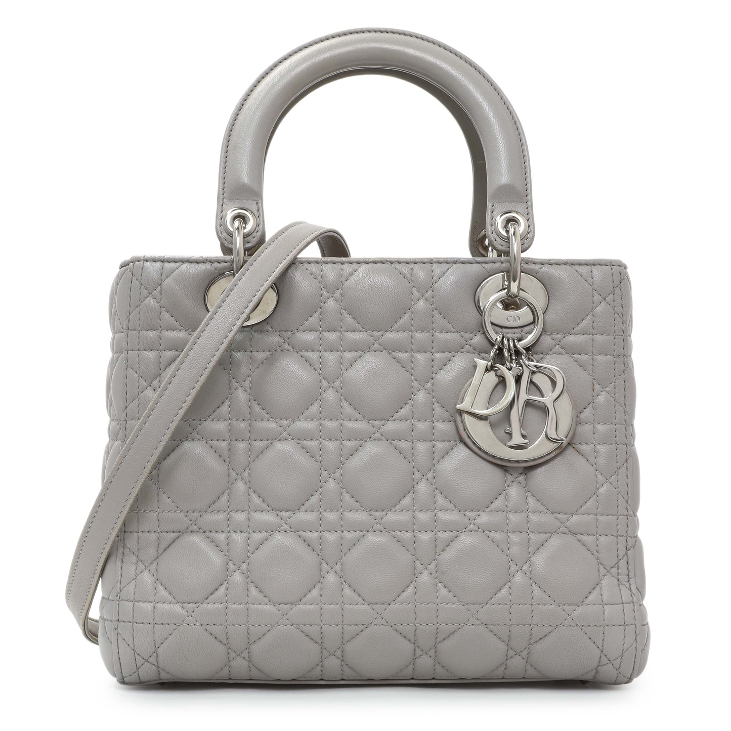 Exclusive Christian Dior Grey Lambskin Cannage Medium Lady Dior — Front View
