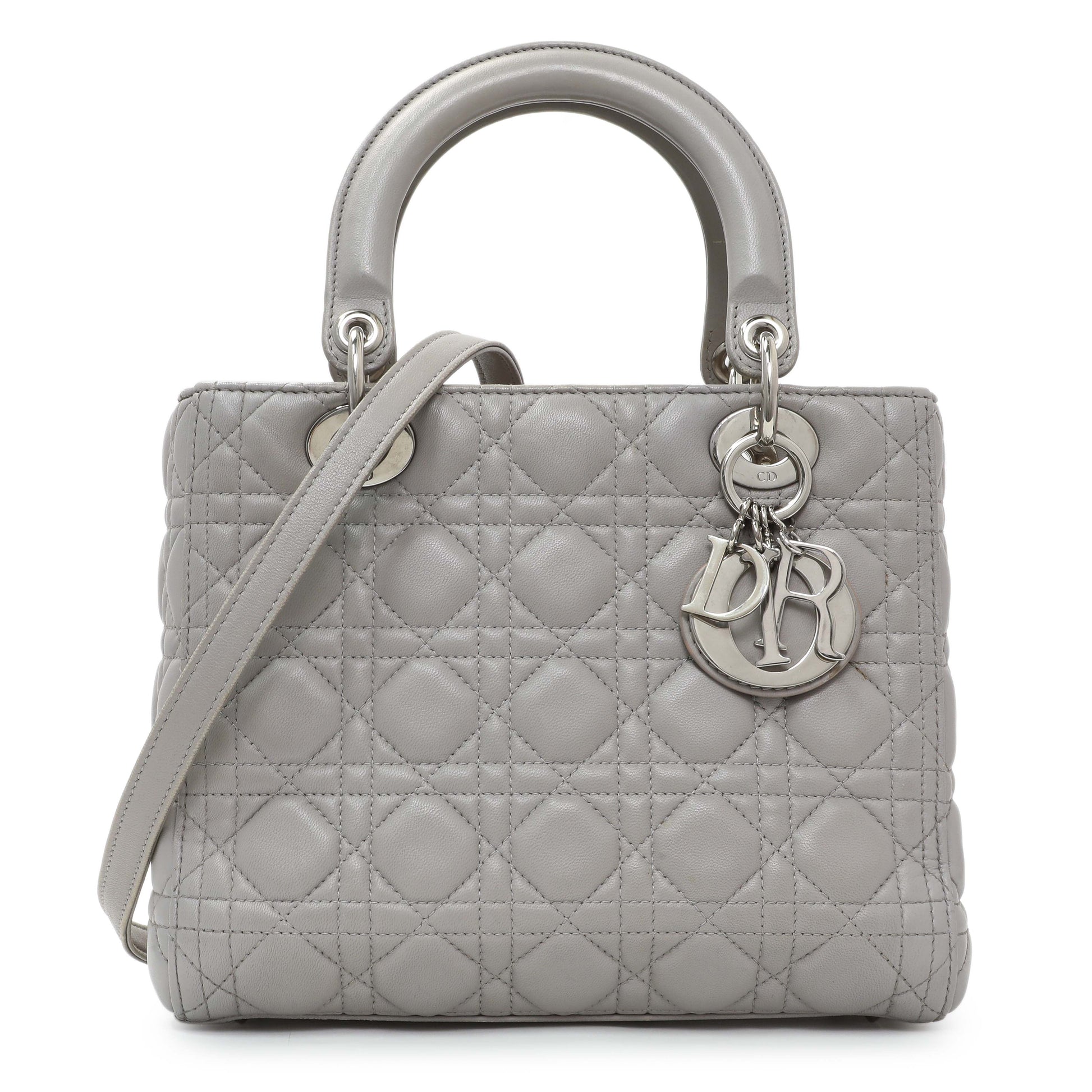 Exclusive Christian Dior Grey Lambskin Cannage Medium Lady Dior — Front View
