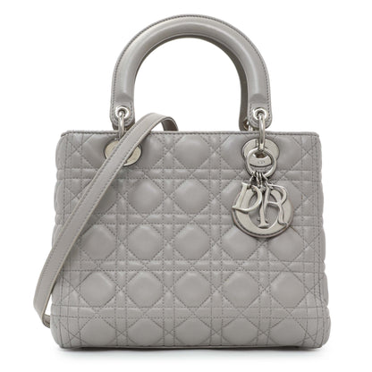 Exclusive Christian Dior Grey Lambskin Cannage Medium Lady Dior — Front View