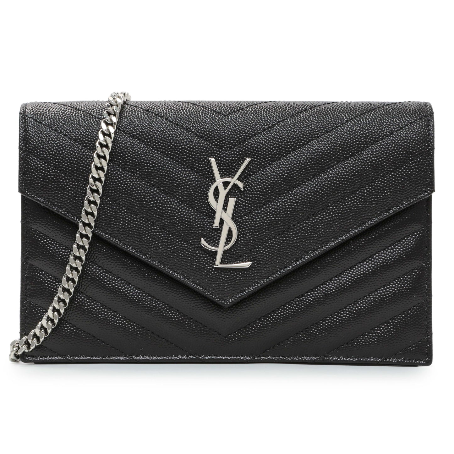 Exclusive Saint Laurent Black Grain De Poudre Envelope Chain Wallet — Front View