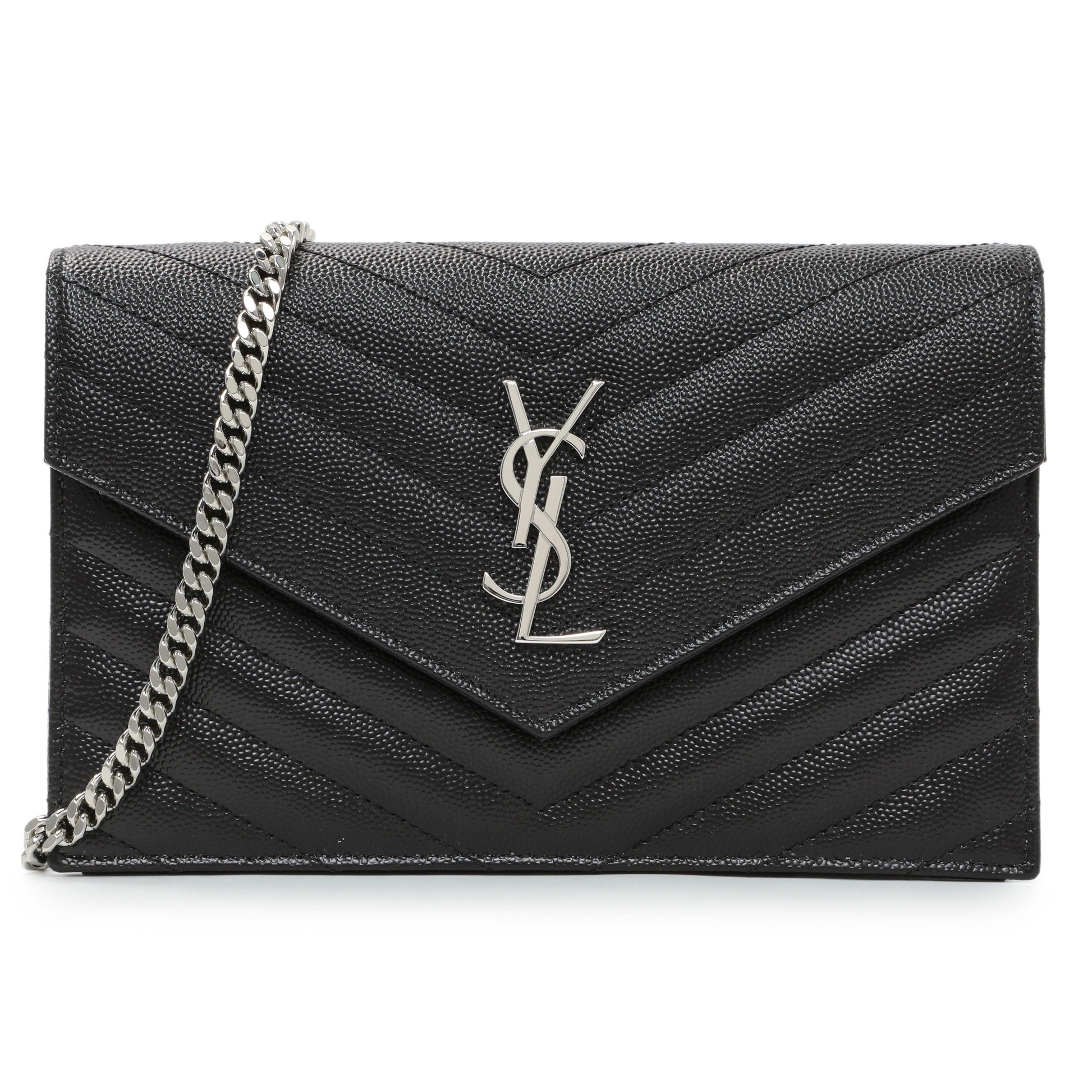 Exclusive Saint Laurent Black Grain De Poudre Envelope Chain Wallet — Front View