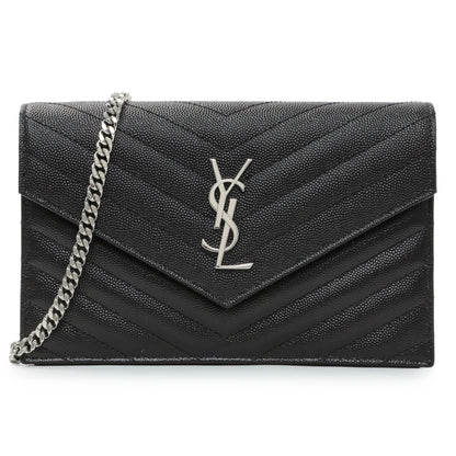 Exclusive Saint Laurent Black Grain De Poudre Envelope Chain Wallet — Front View