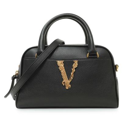 Exclusive Versace Black Grained Calfskin Virtus Small Bowling Bag — Front View