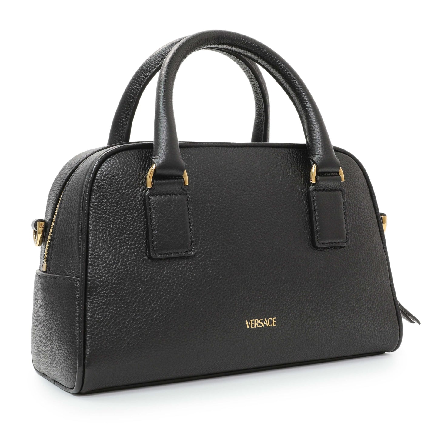 Exclusive Versace Black Grained Calfskin Virtus Small Bowling Bag — Side View