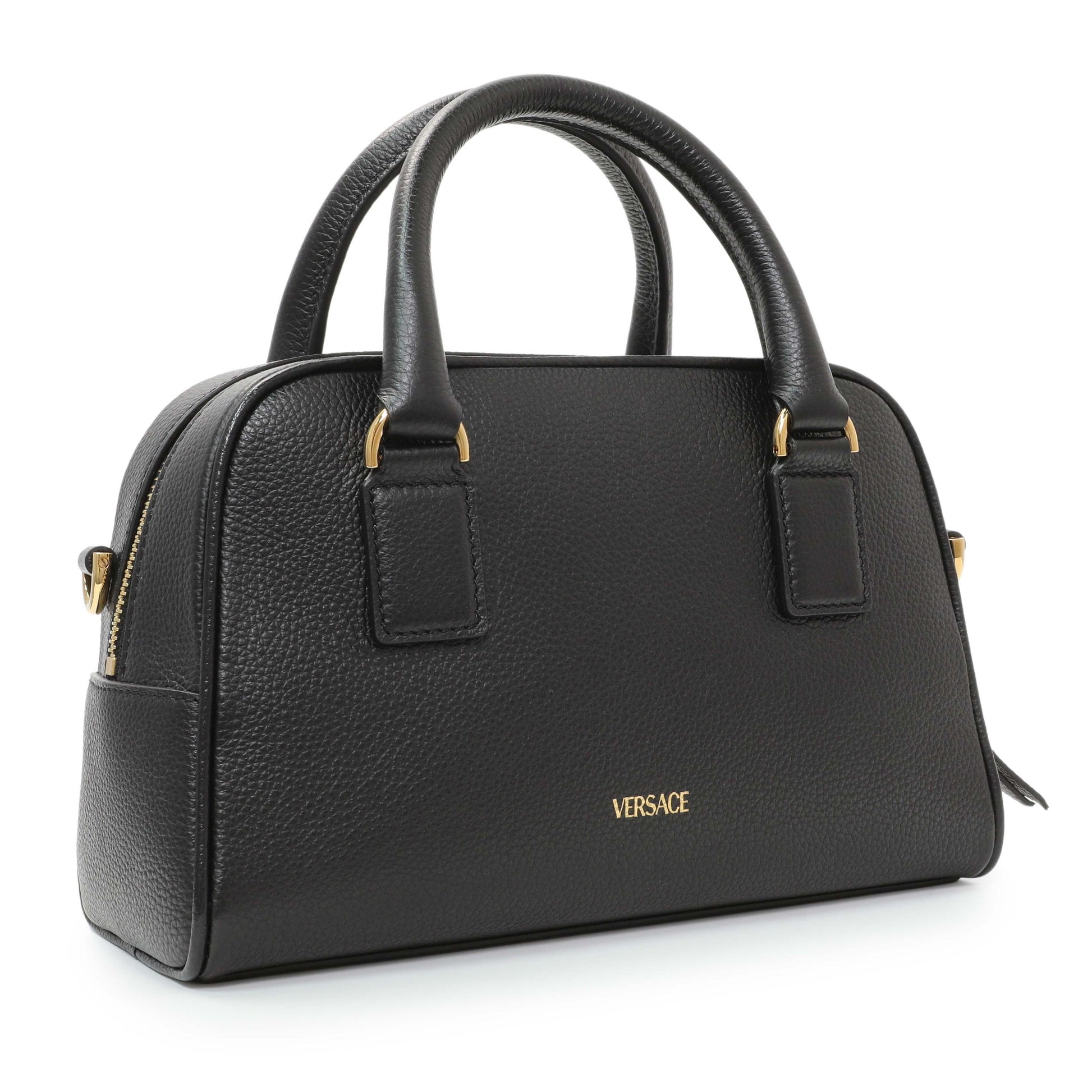 Exclusive Versace Black Grained Calfskin Virtus Small Bowling Bag — Side View