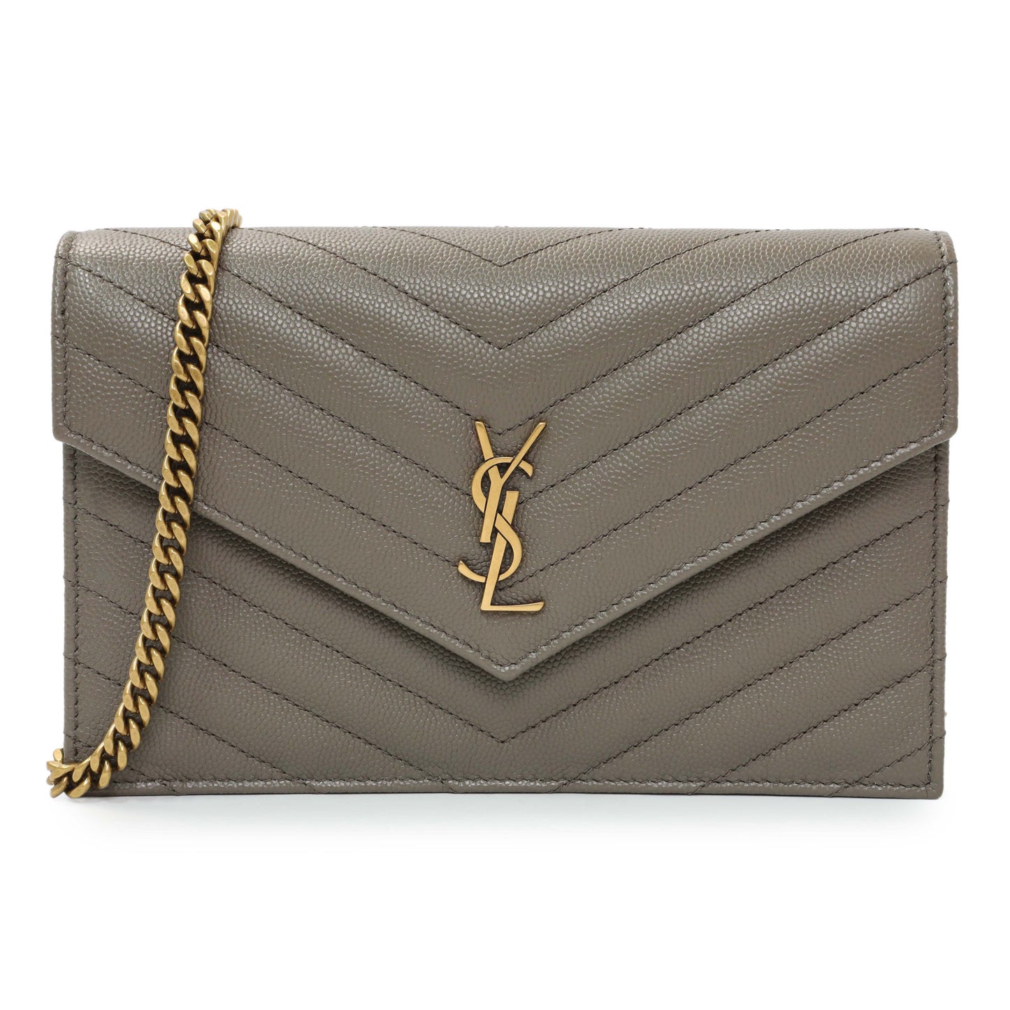 Exclusive Saint Laurent Taupe Grey Grain De Poudre Envelope Chain Wallet — Front View