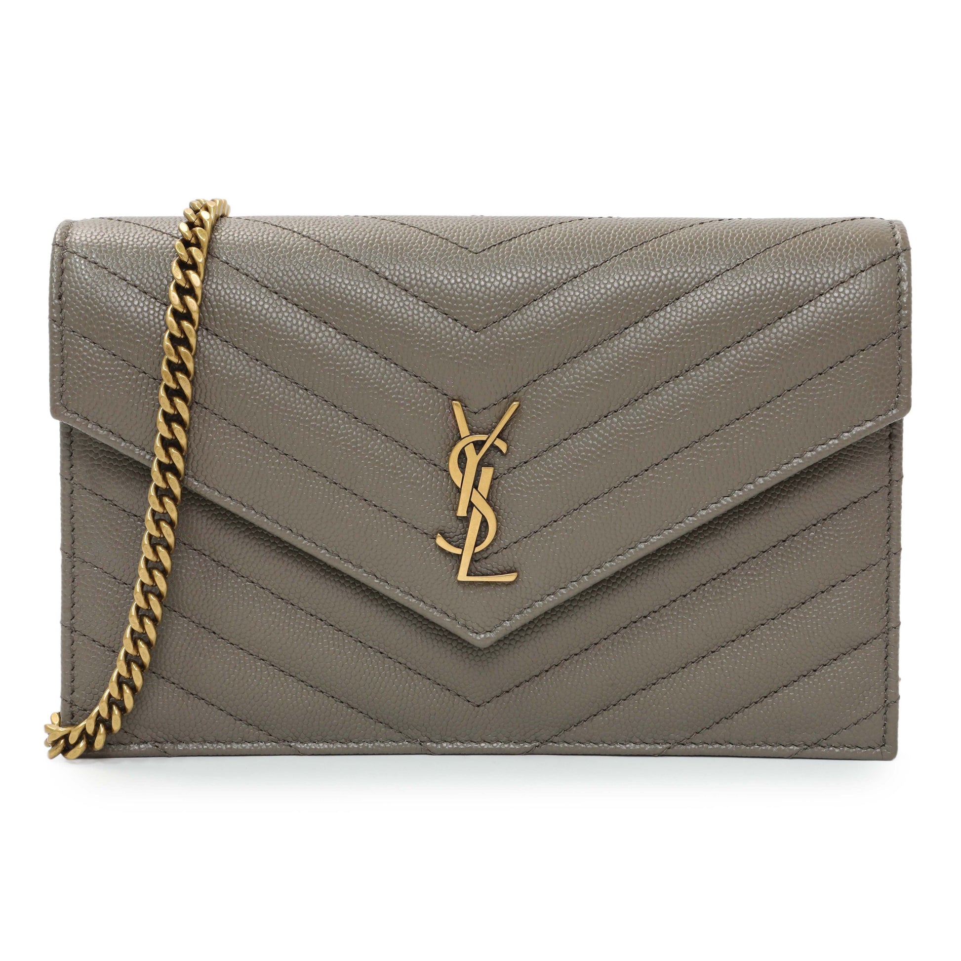 Exclusive Saint Laurent Taupe Grey Grain De Poudre Envelope Chain Wallet — Front View