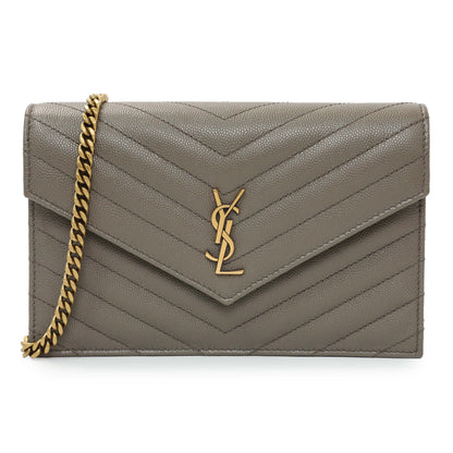 Exclusive Saint Laurent Taupe Grey Grain De Poudre Envelope Chain Wallet — Front View