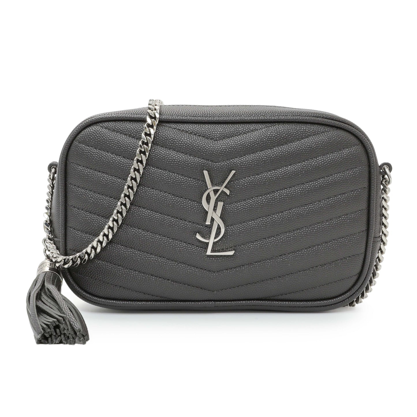 Exclusive Saint Laurent Grey Grain De Poudre Matelasse Monogram Mini Lou Camera Bag — Front View