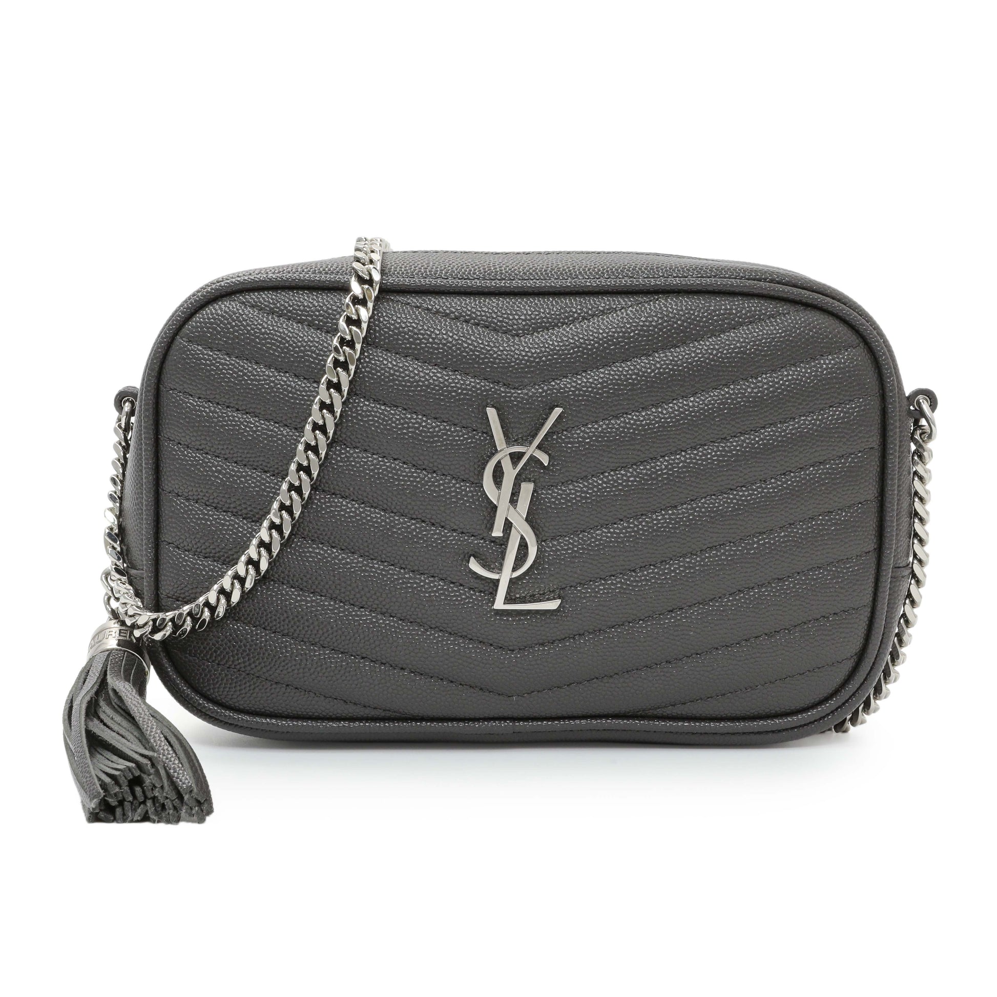 Exclusive Saint Laurent Grey Grain De Poudre Matelasse Monogram Mini Lou Camera Bag — Front View