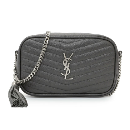 Exclusive Saint Laurent Grey Grain De Poudre Matelasse Monogram Mini Lou Camera Bag — Front View