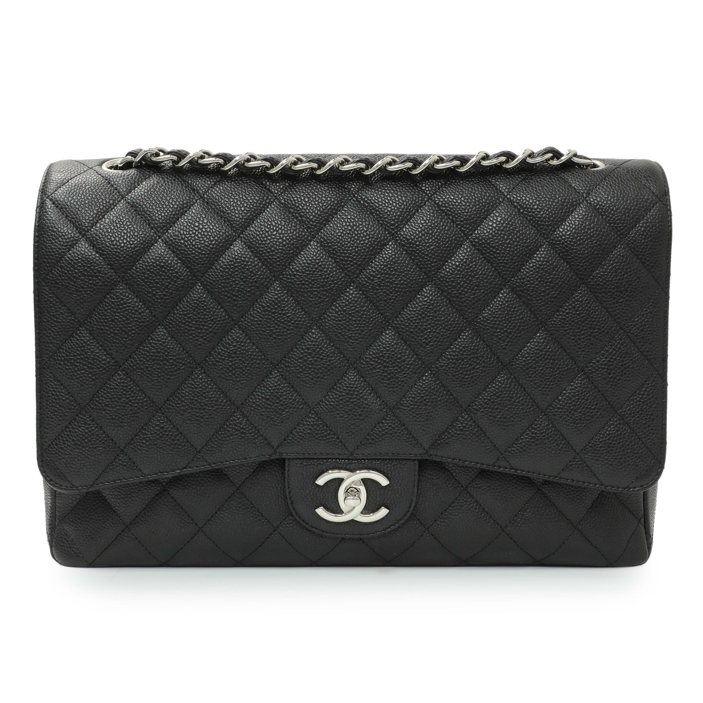 Exclusive Chanel Black Quilted Caviar Maxi Double Flap — Front View