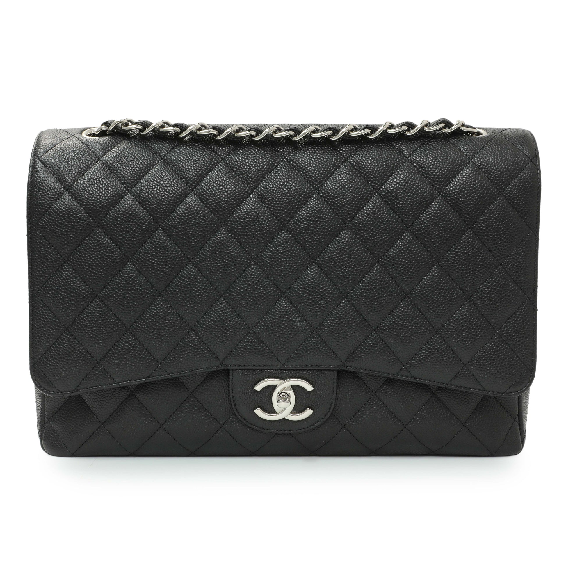 Exclusive Chanel Black Quilted Caviar Maxi Double Flap — Front View