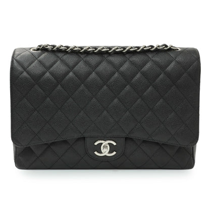 Exclusive Chanel Black Quilted Caviar Maxi Double Flap — Front View