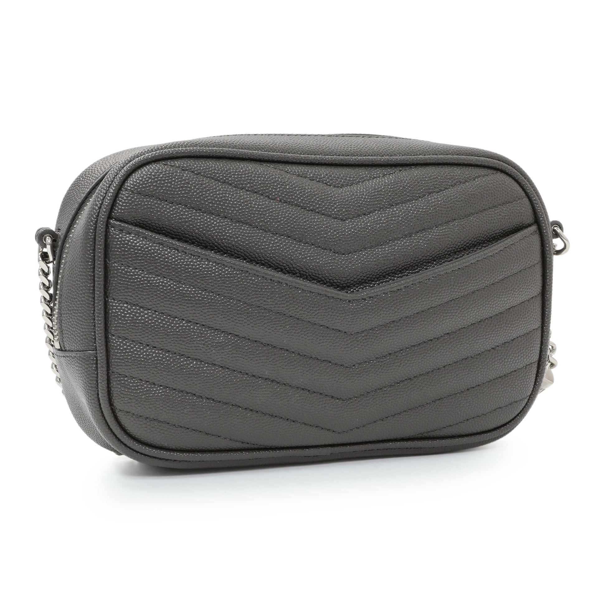 Exclusive Saint Laurent Grey Grain De Poudre Matelasse Monogram Mini Lou Camera Bag — Side View