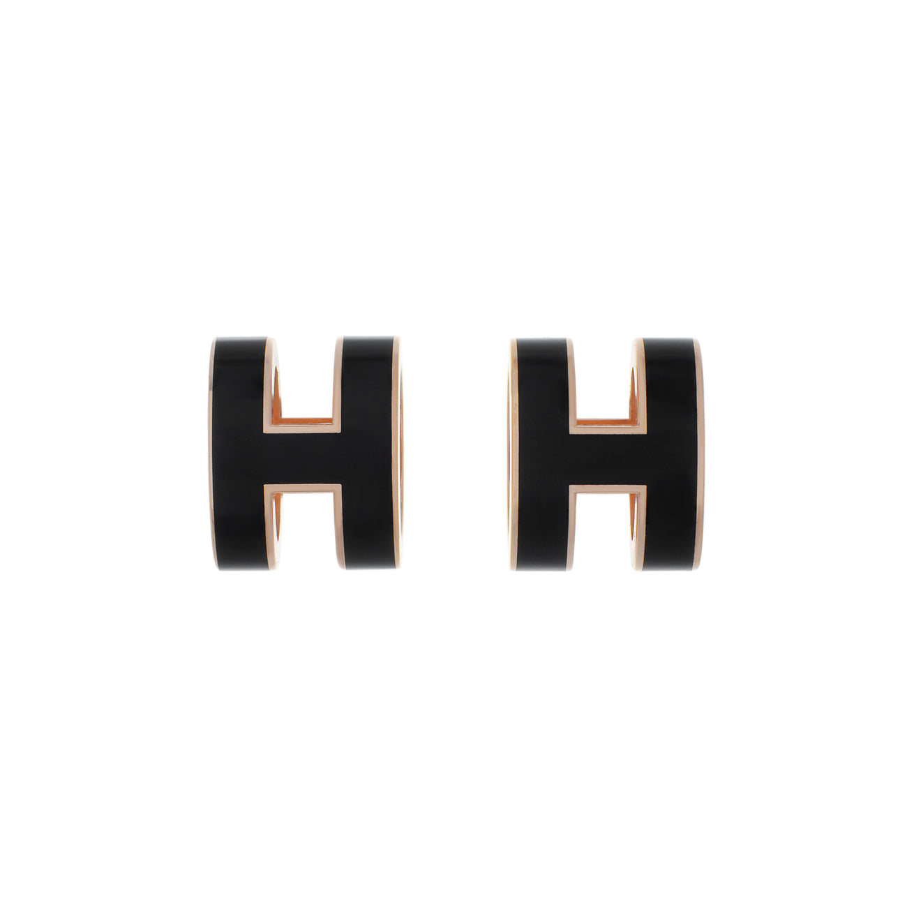 Exclusive Hermes Rose Gold Black Lacquer Pop H Earrings — Front View