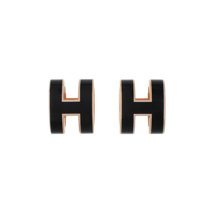Exclusive Hermes Rose Gold Black Lacquer Pop H Earrings — Front View