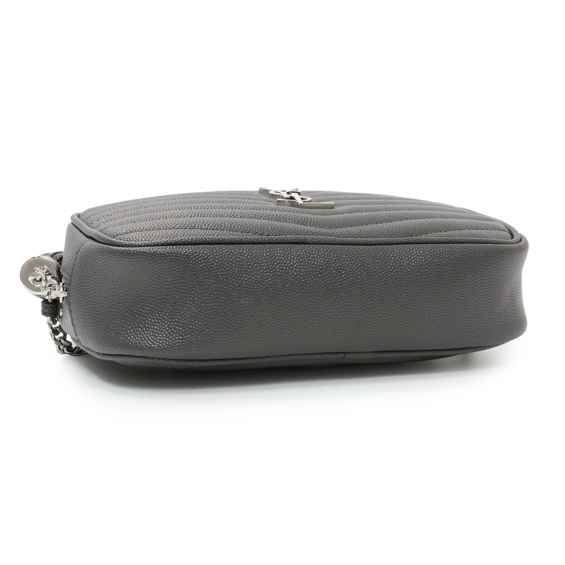 Exclusive Saint Laurent Grey Grain De Poudre Matelasse Monogram Mini Lou Camera Bag — Back View