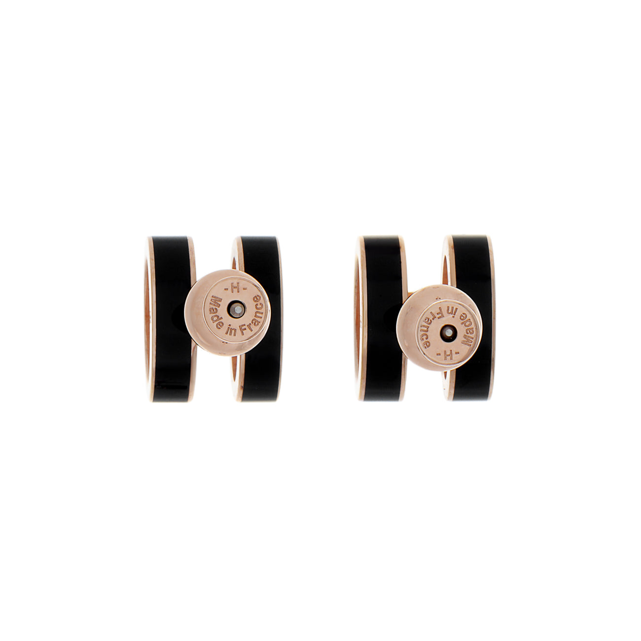 Exclusive Hermes Rose Gold Black Lacquer Pop H Earrings — Side View