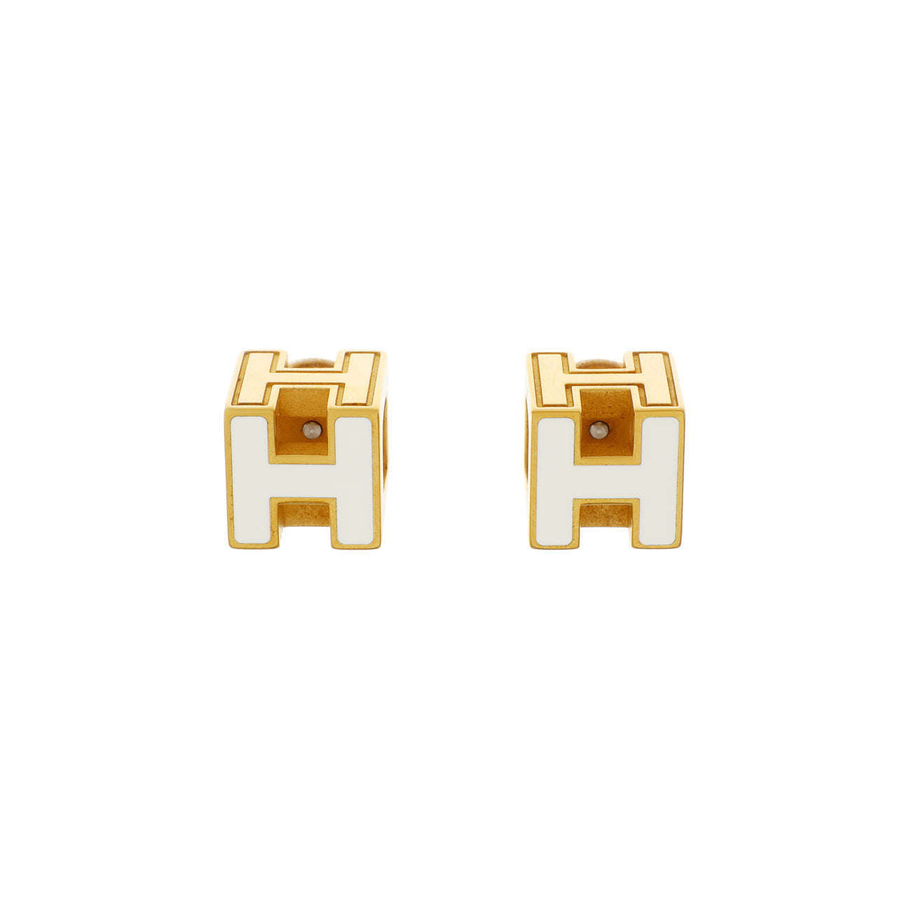 Exclusive Hermes White Lacquered Cage d'H Earrings — Front View