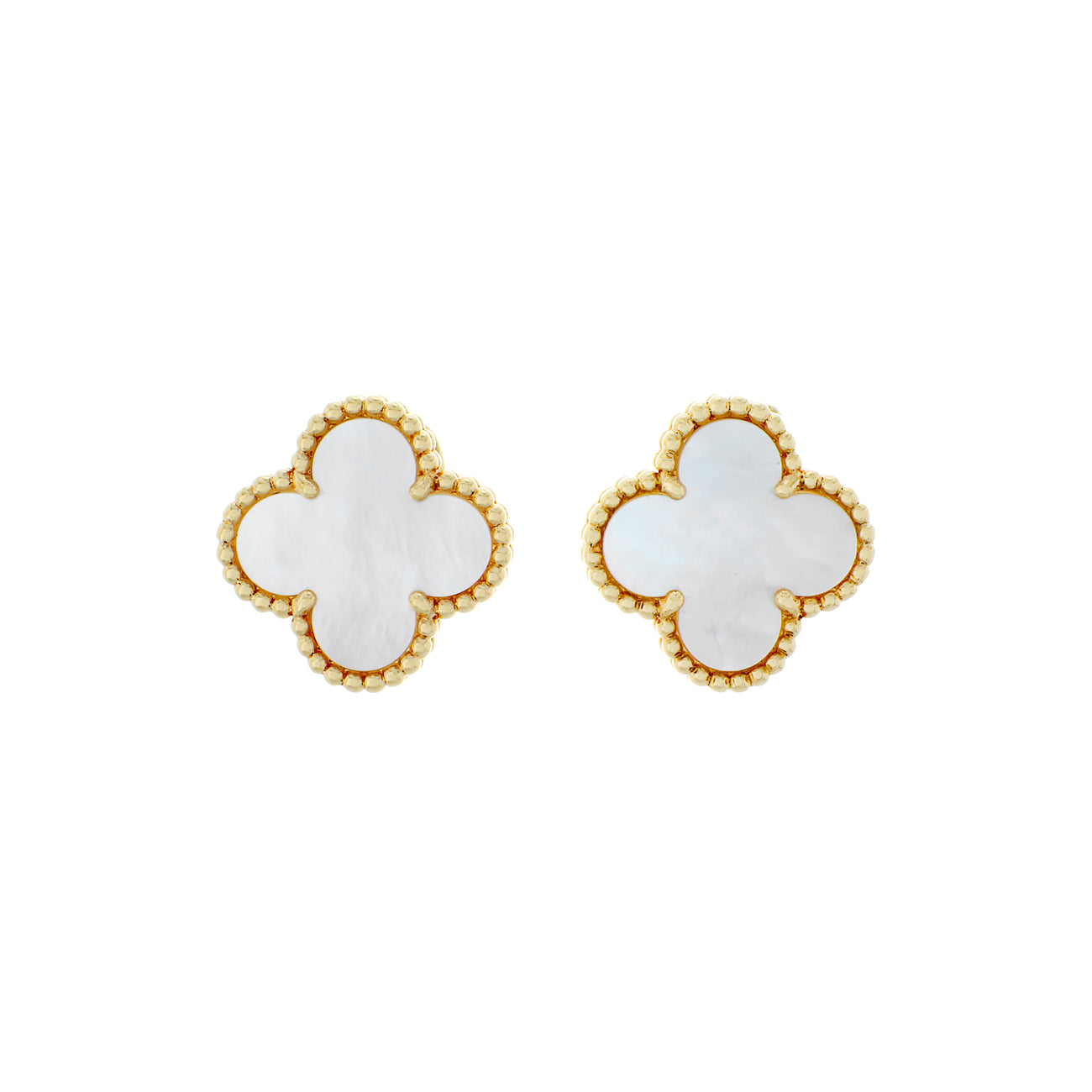 Exclusive Van Cleef & Arpels 18K Yellow Gold Mother of Pearl Vintage Alhambra Earrings — Front View