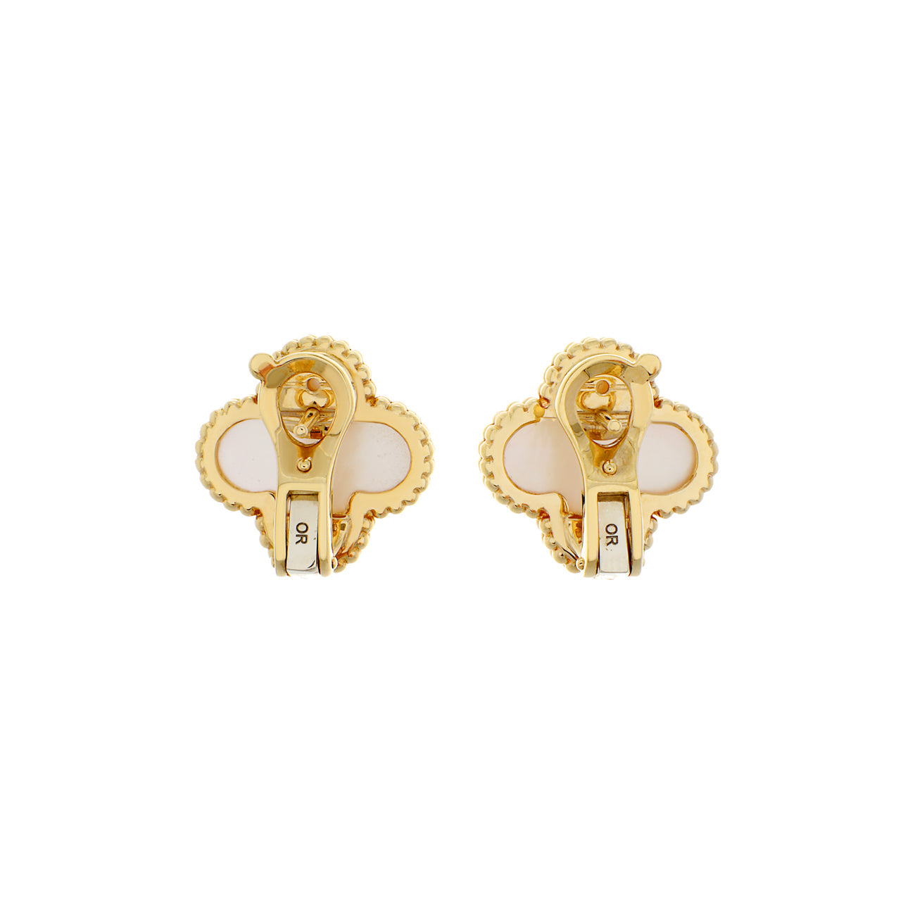 Exclusive Van Cleef & Arpels 18K Yellow Gold Mother of Pearl Vintage Alhambra Earrings — Side View