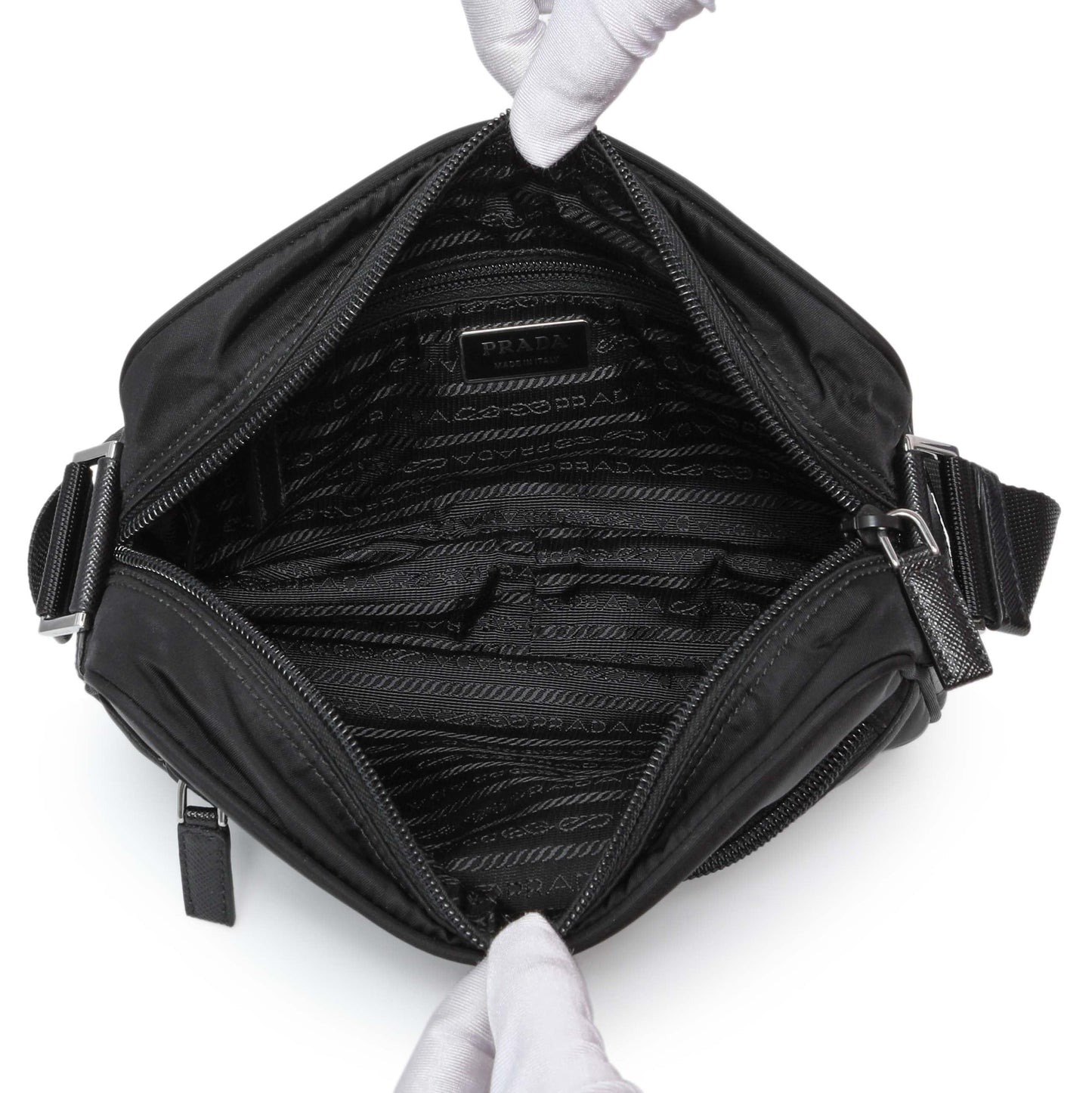 Exclusive Prada Re-Nylon Vela Saffiano Pocket Double Zip Shoulder Bag Black — Top View