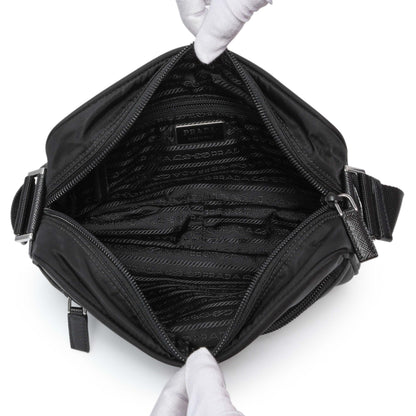 Exclusive Prada Re-Nylon Vela Saffiano Pocket Double Zip Shoulder Bag Black — Top View