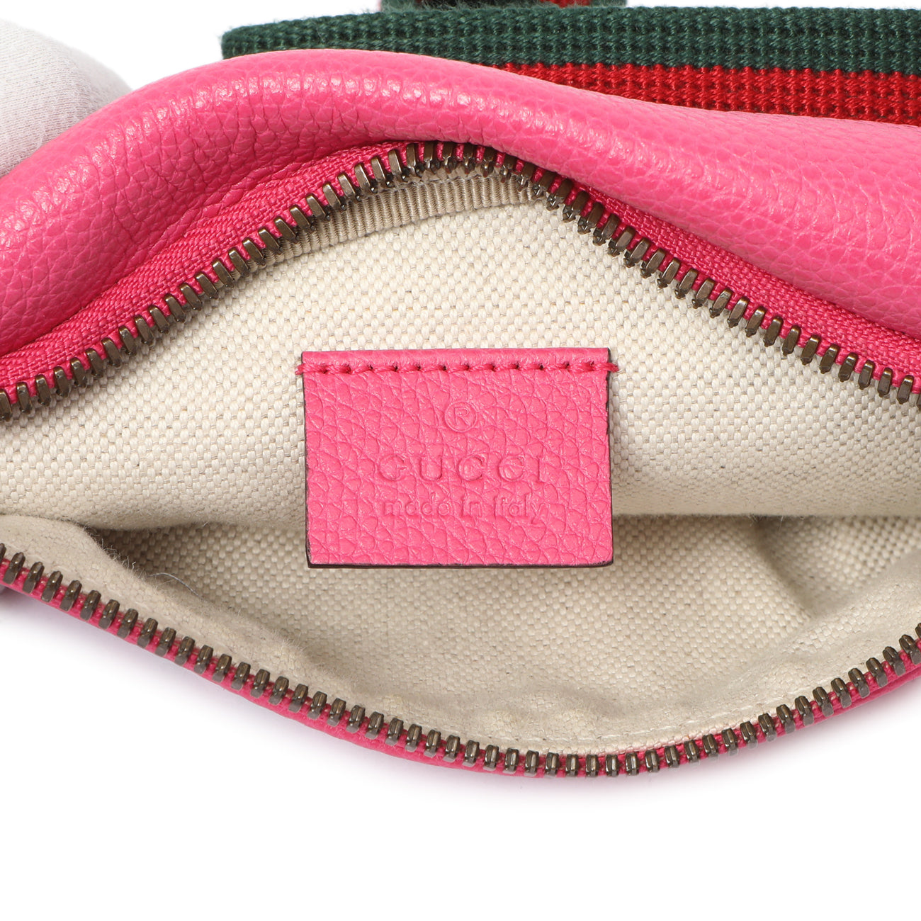 Exclusive Gucci Pink Grained Calfskin Small Logo Belt Bag — Detail View