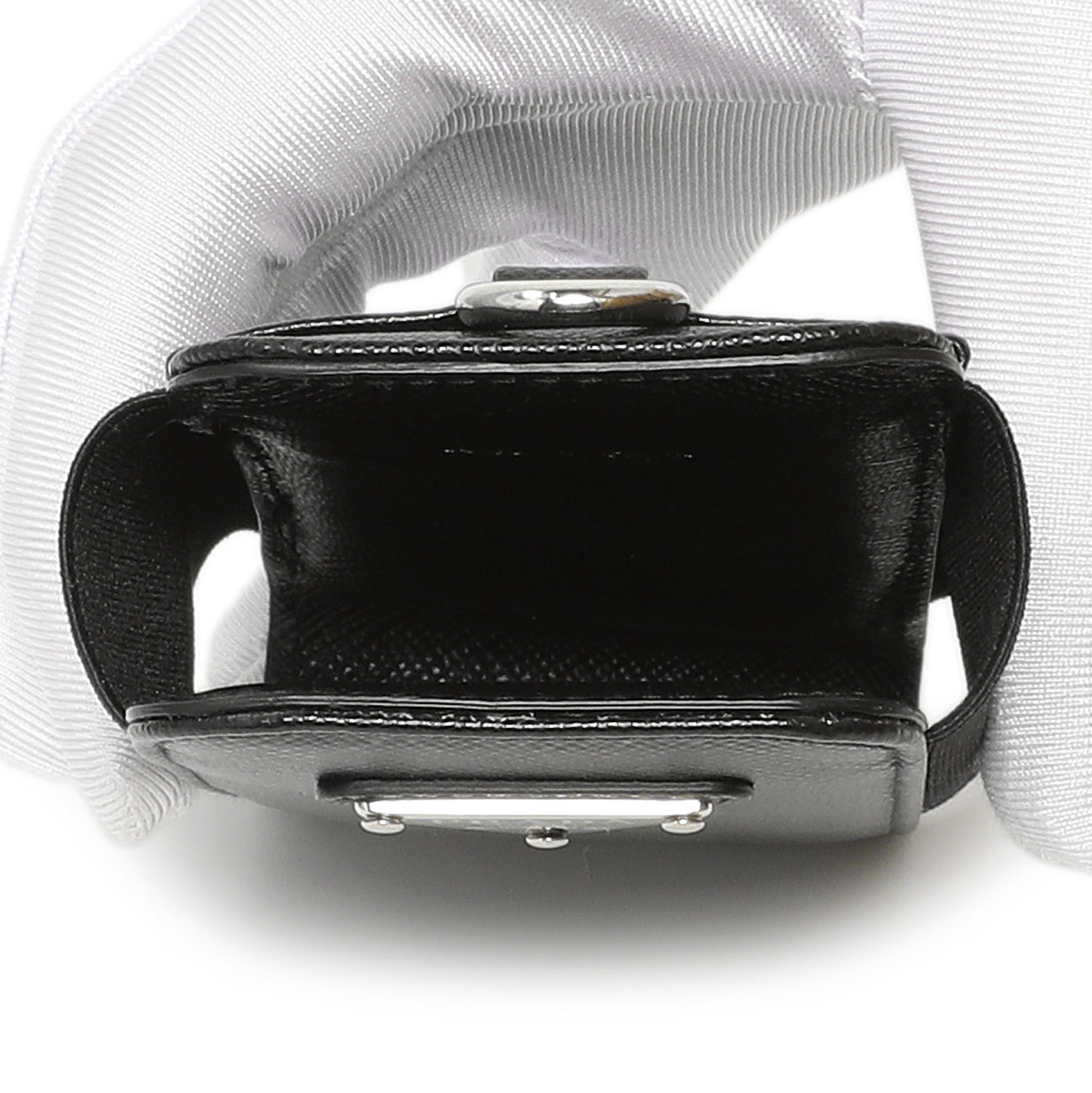 Exclusive Prada Black Saffiano Triangle Lanyard Phone Case — Top View