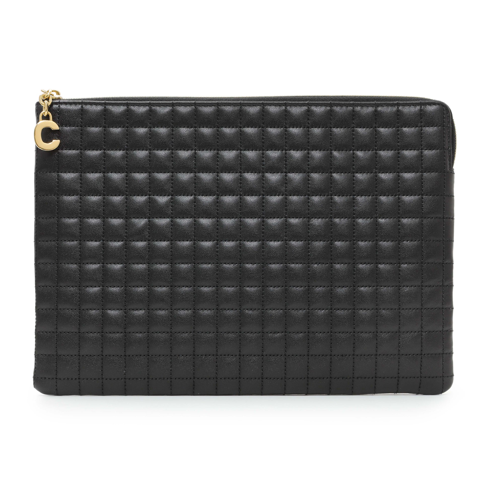Exclusive Celine Black Calfskin Quilted C Charm Pouch — Front View