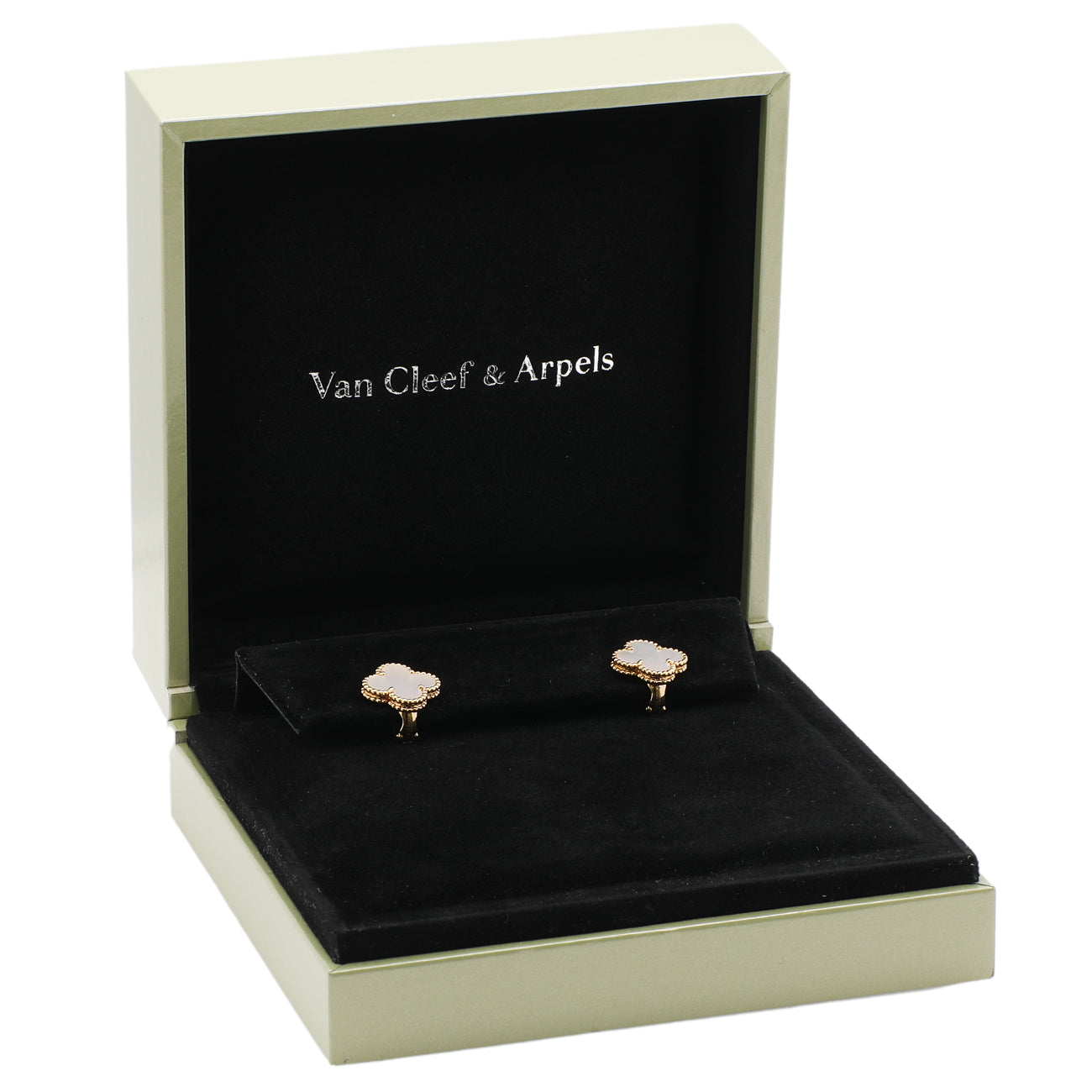 Exclusive Van Cleef & Arpels 18K Yellow Gold Mother of Pearl Vintage Alhambra Earrings — Top View