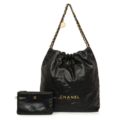 Exclusive Chanel Shiny Black Quilted Shiny Calfskin Large Chanel 22 — Front View