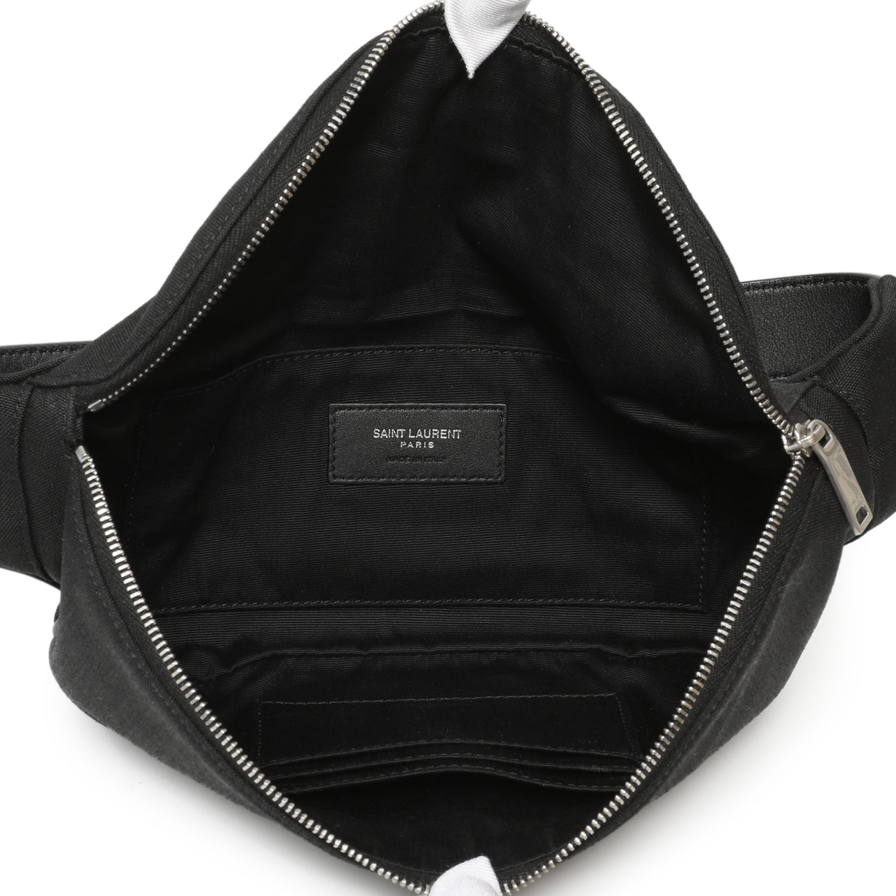 Exclusive Saint Laurent Black Canvas Cassandre Monogram Belt Bag — Lifestyle View