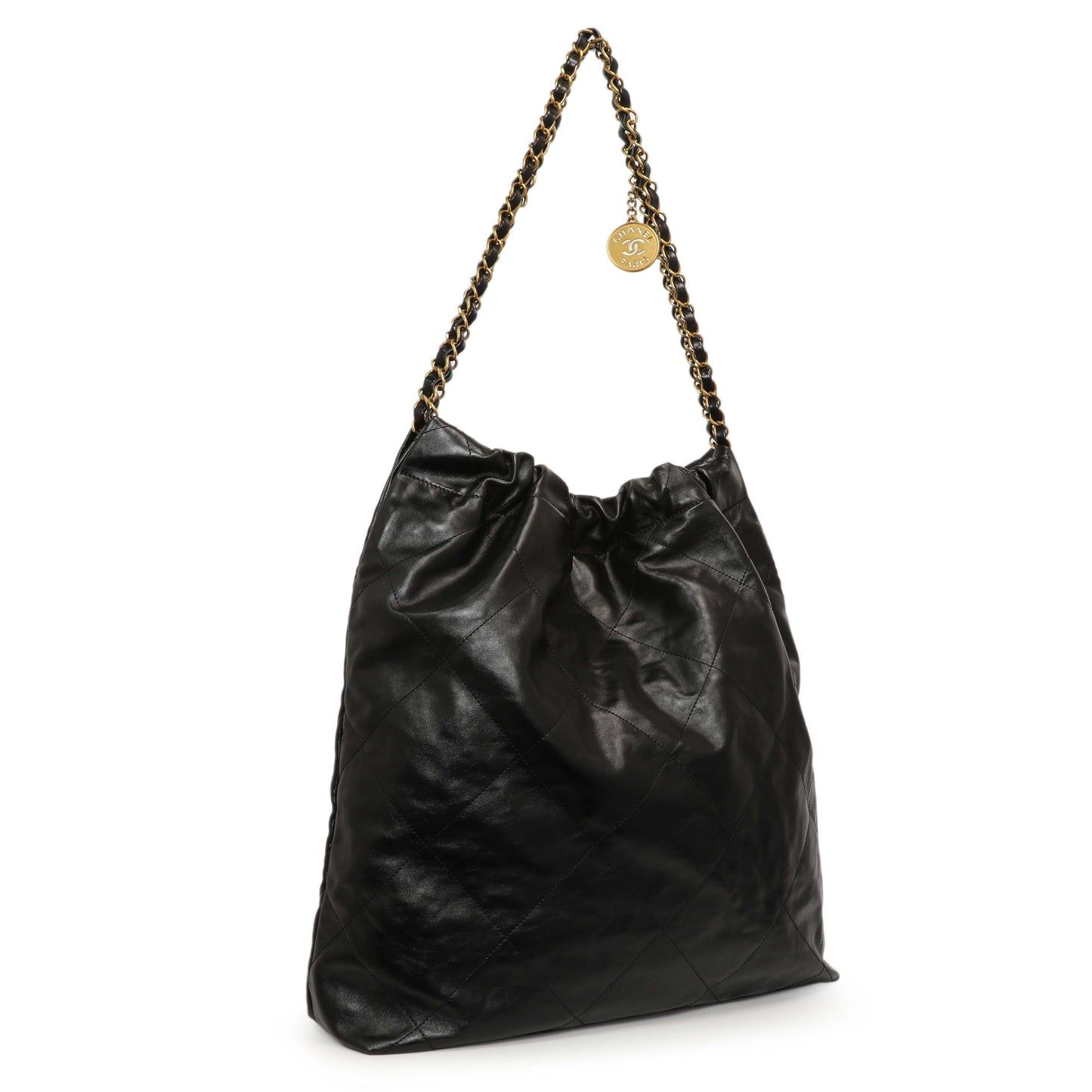 Exclusive Chanel Shiny Black Quilted Shiny Calfskin Large Chanel 22 — Side View