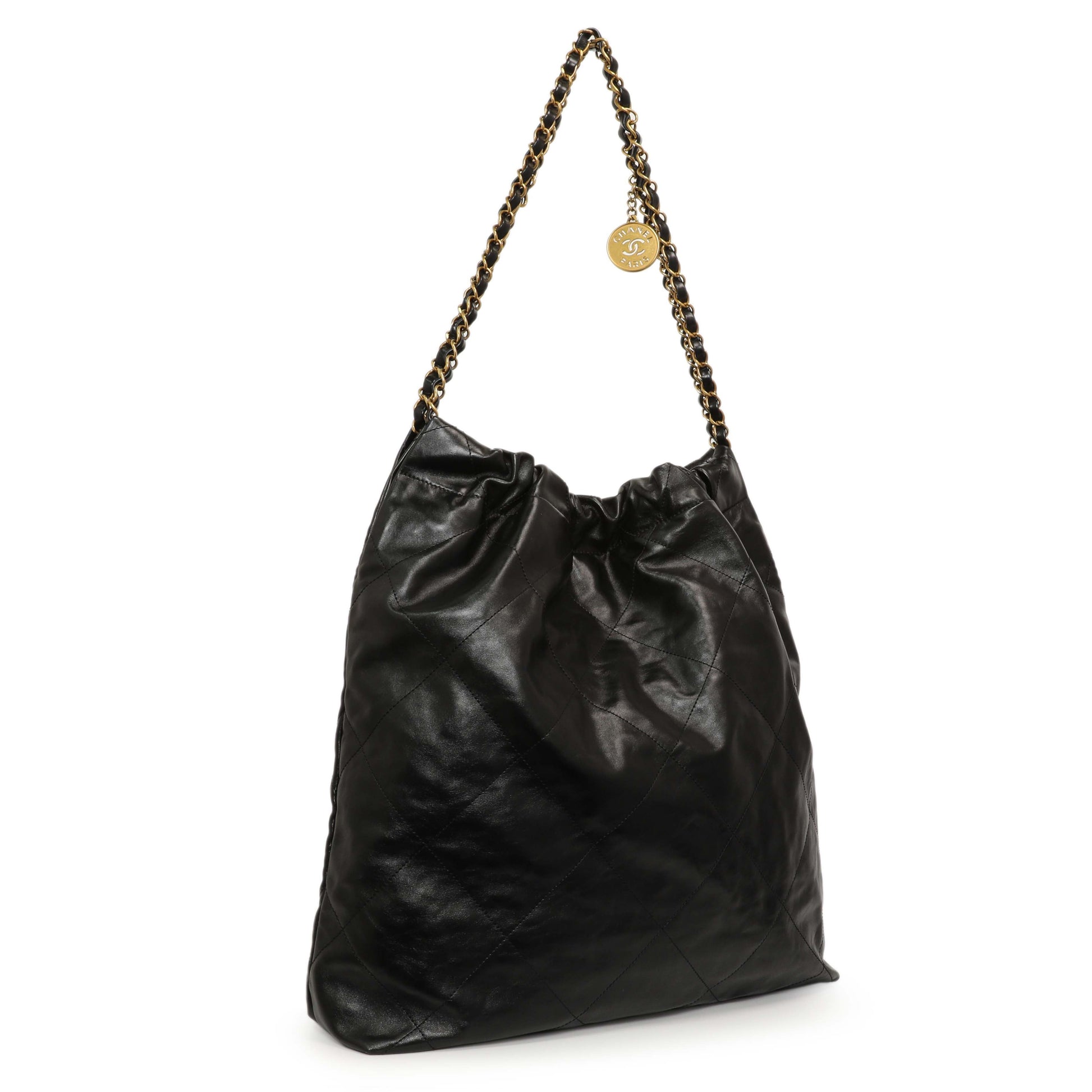 Exclusive Chanel Shiny Black Quilted Shiny Calfskin Large Chanel 22 — Side View