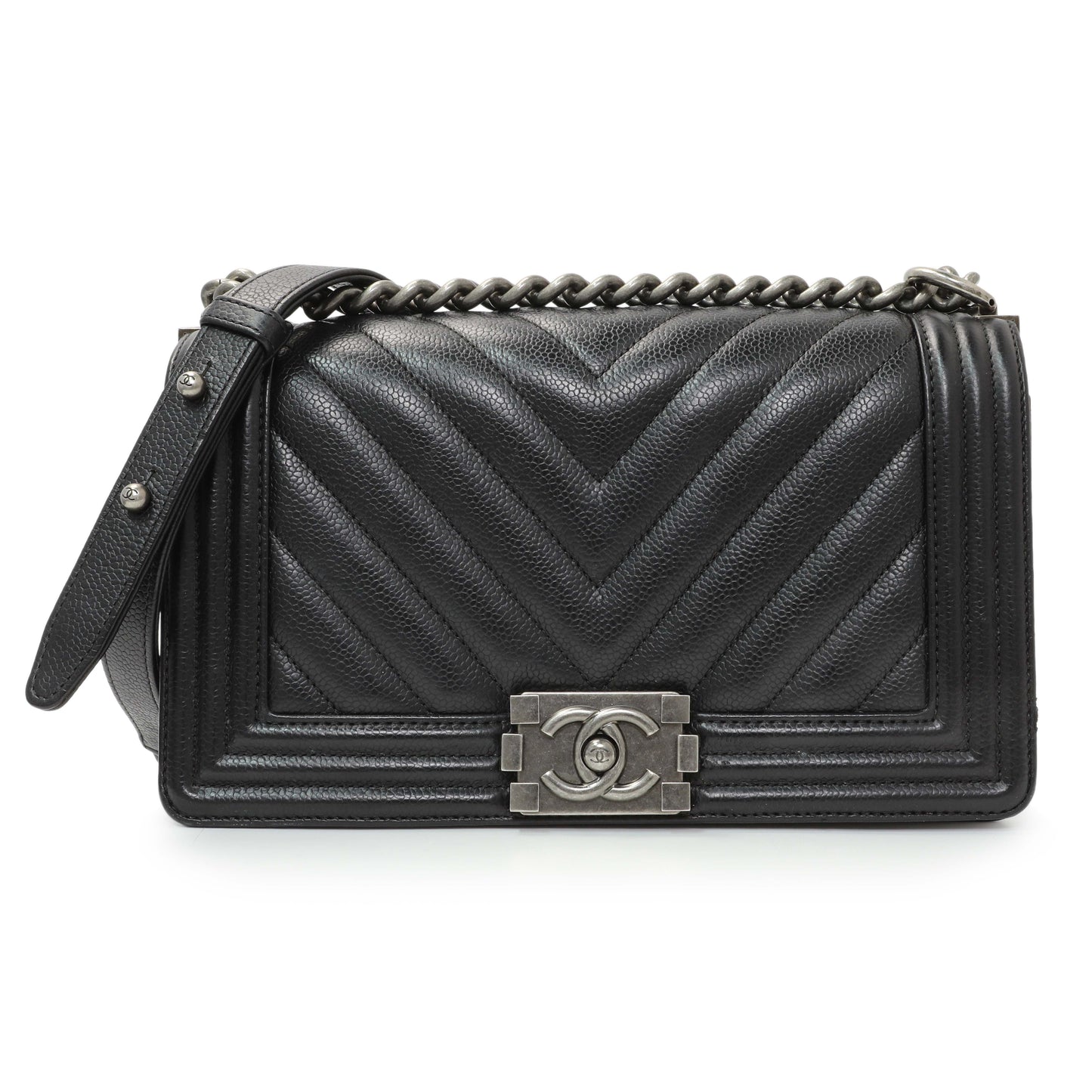 Exclusive Chanel Black Chevron Quilted Caviar Medium Boy Flap — Front View
