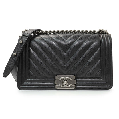 Exclusive Chanel Black Chevron Quilted Caviar Medium Boy Flap — Front View