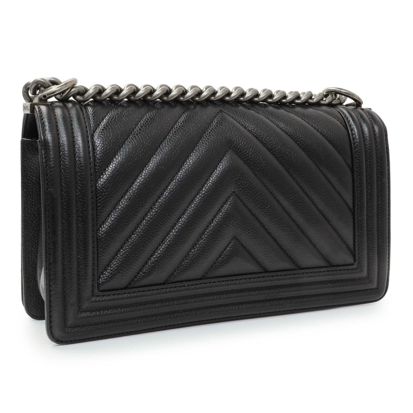 Exclusive Chanel Black Chevron Quilted Caviar Medium Boy Flap — Side View