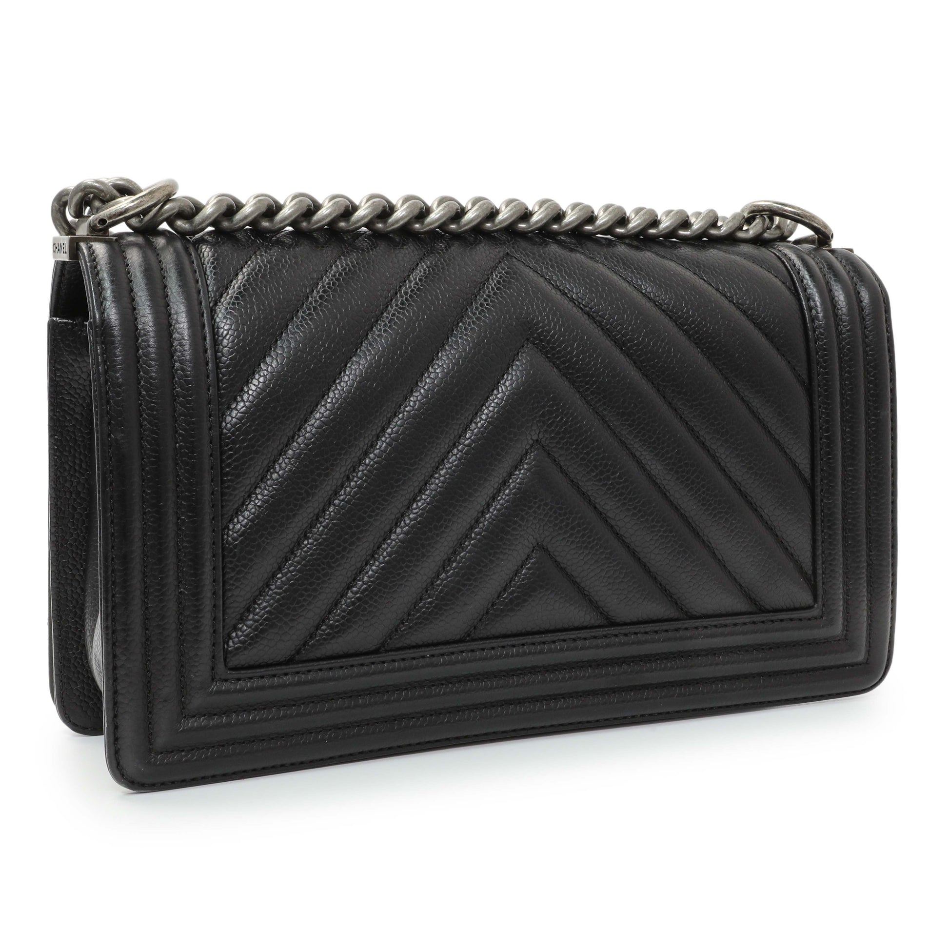Exclusive Chanel Black Chevron Quilted Caviar Medium Boy Flap — Side View