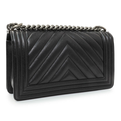 Exclusive Chanel Black Chevron Quilted Caviar Medium Boy Flap — Side View