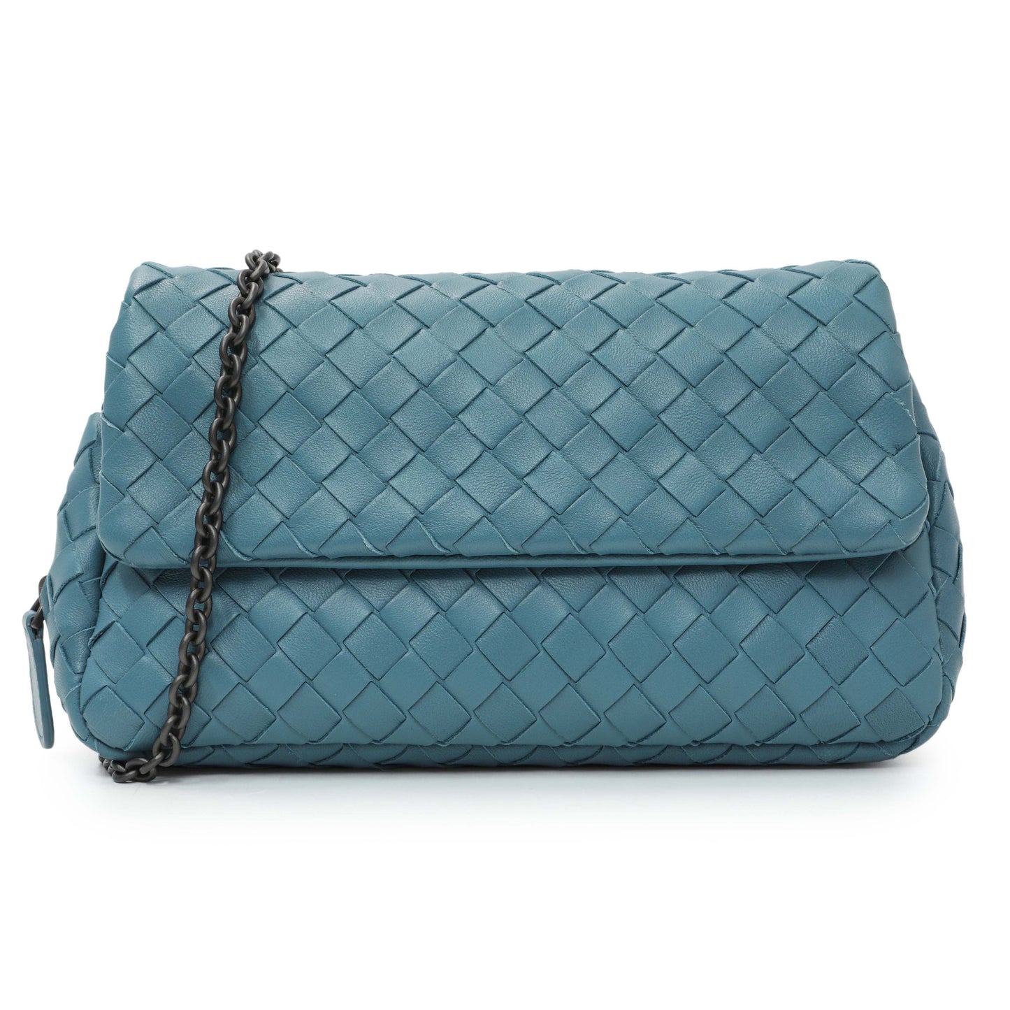Exclusive Bottega Veneta Blue Intrecciato Nappa Expandable Chain Crossbody Bag Intrecciato Nappa — Front View