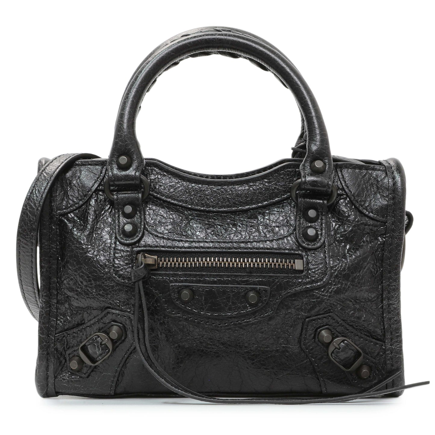 Exclusive Balenciaga Black Agneau Classic Hardware Nano City — Front View