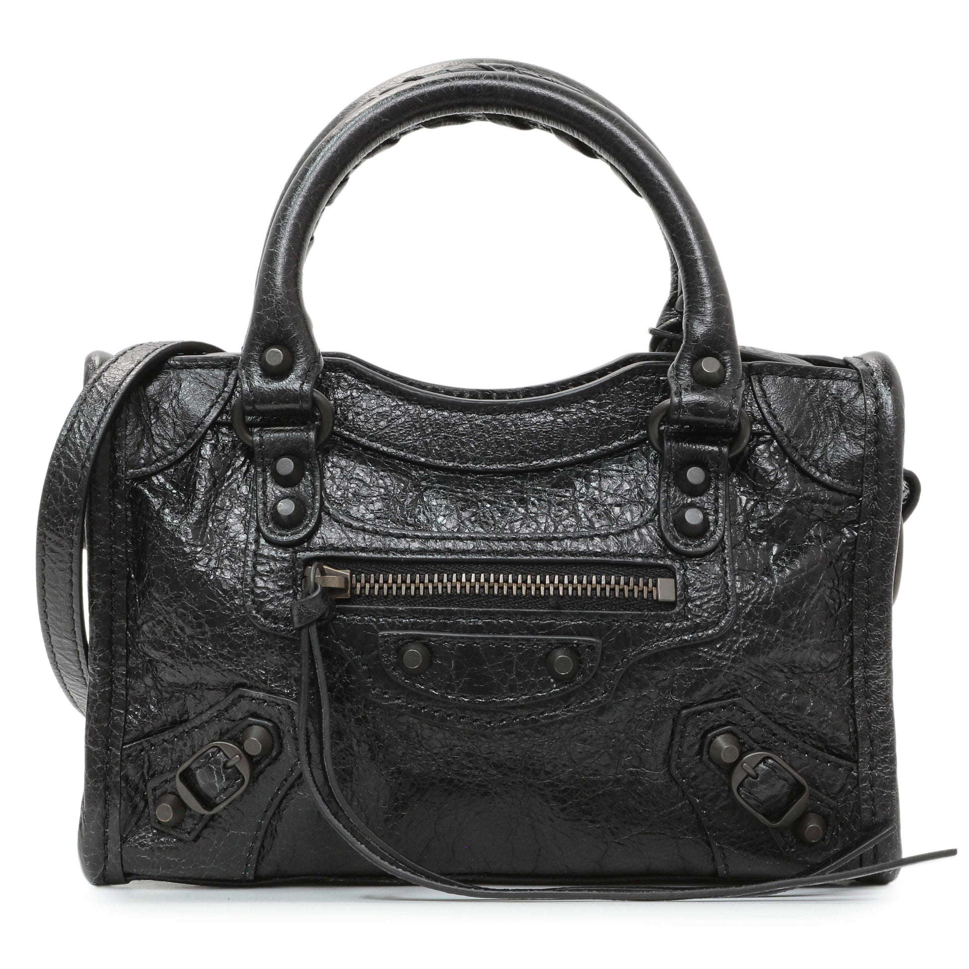 Exclusive Balenciaga Black Agneau Classic Hardware Nano City — Front View