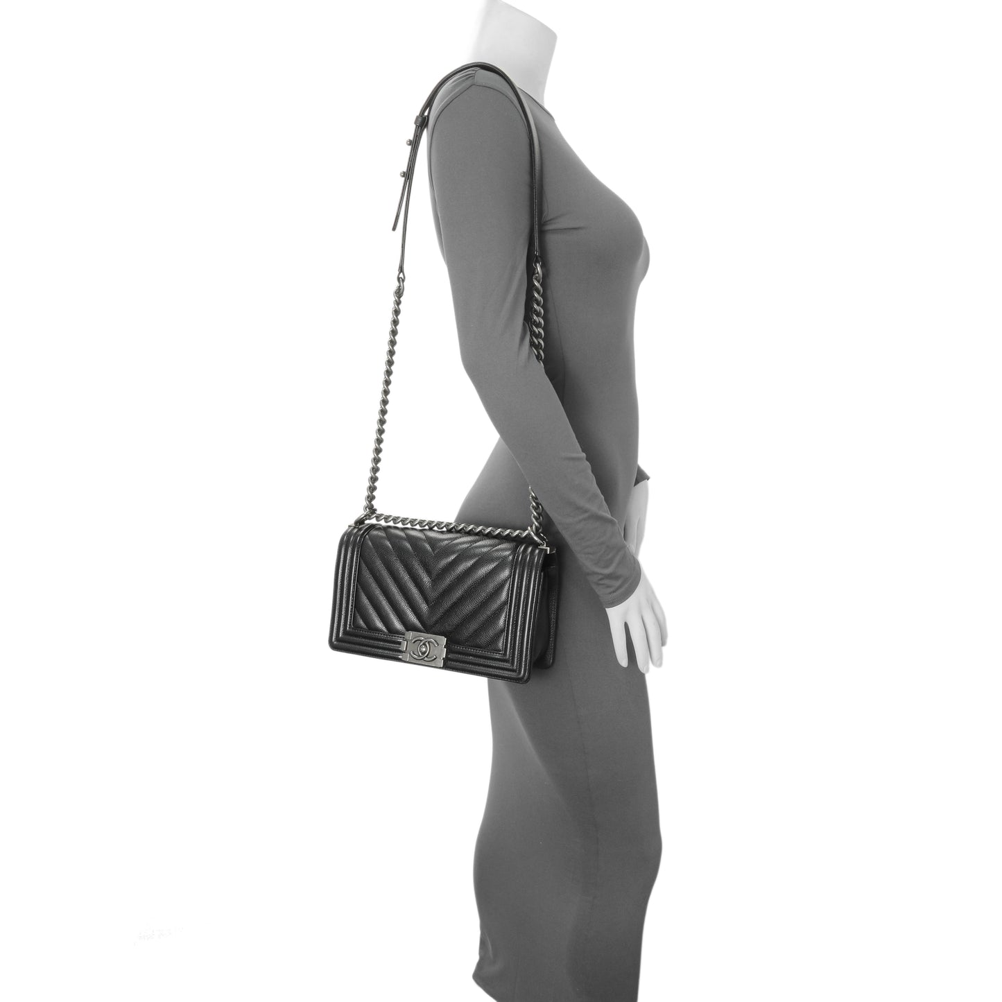 Exclusive Chanel Black Chevron Quilted Caviar Medium Boy Flap — Alternate View 11
