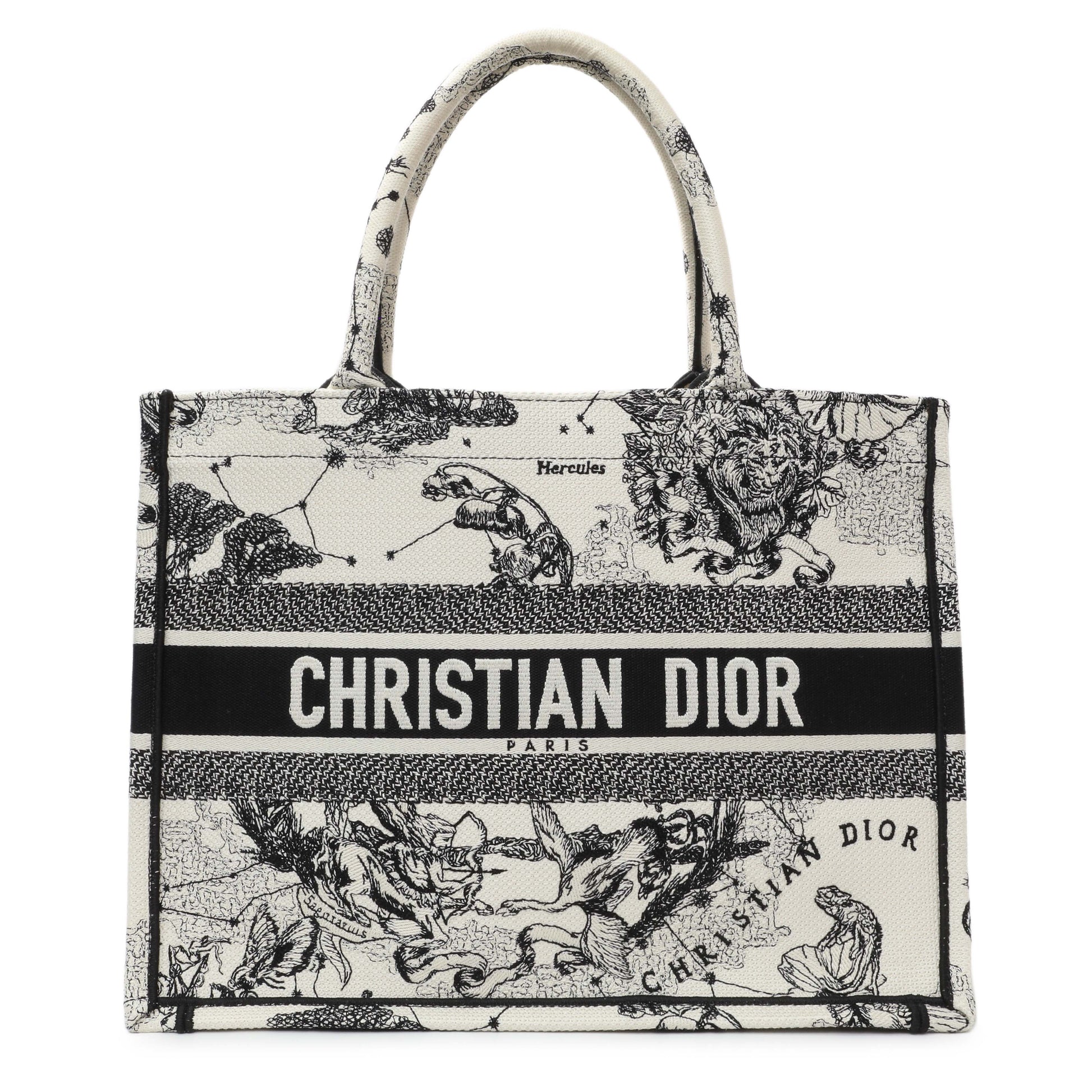 Exclusive Christian Dior Latte and Black Canvas Embroidered Zodiac Toile de Jouy Medium Book Tote — Front View