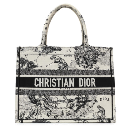 Exclusive Christian Dior Latte and Black Canvas Embroidered Zodiac Toile de Jouy Medium Book Tote — Front View